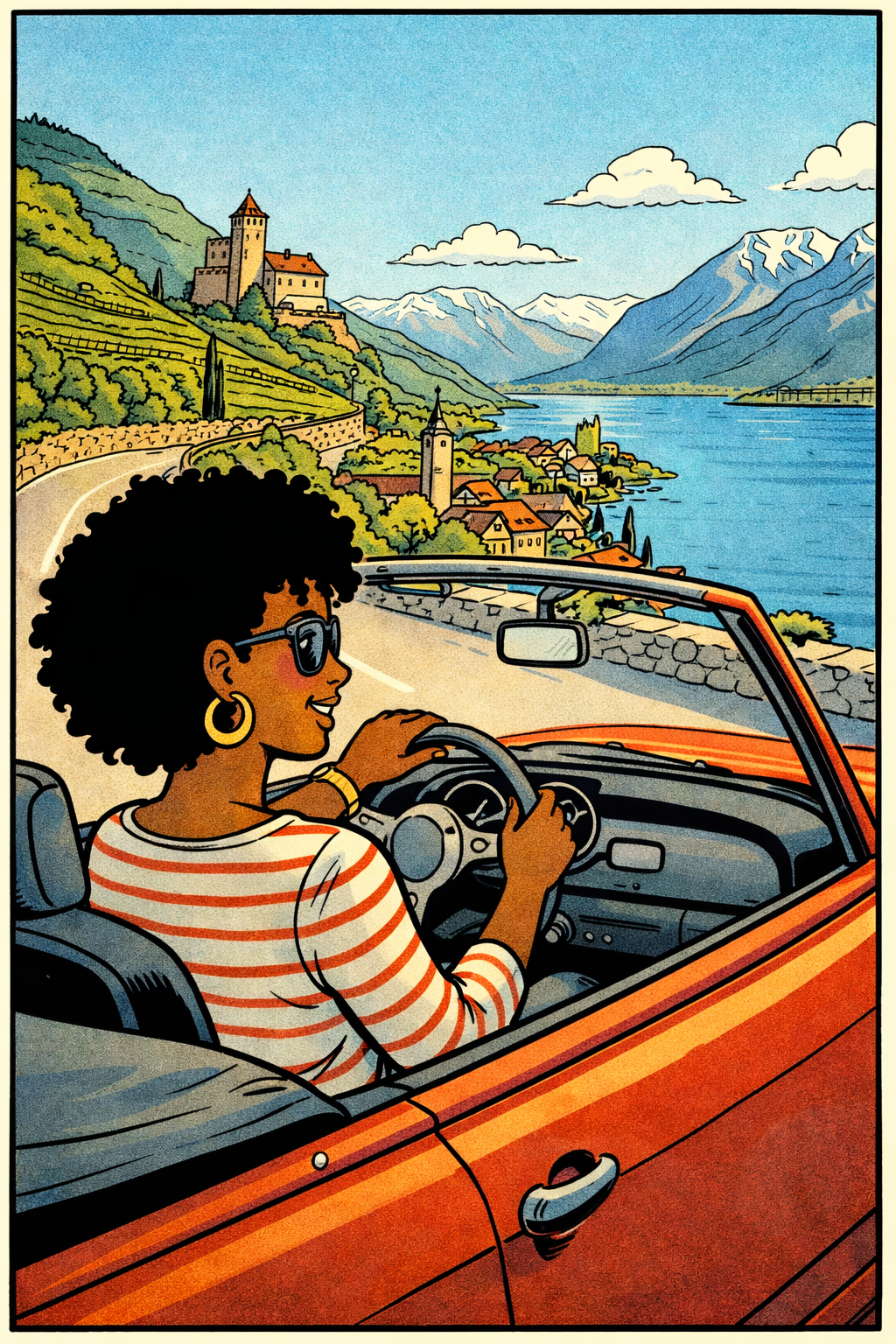 A young woman drives a red convertible rental car into a quaint European village, with mountains a lake and tan stone buildings