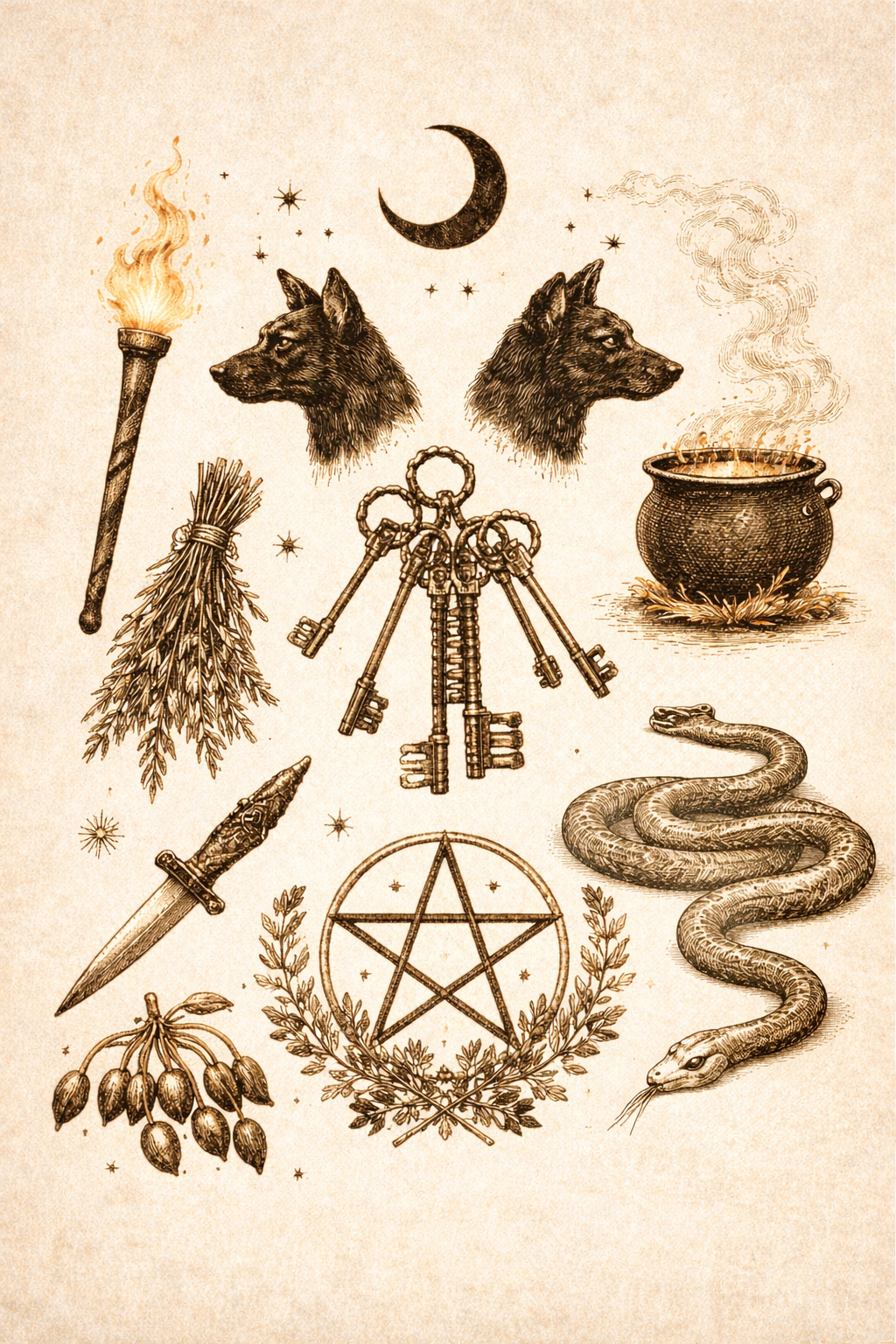 Symbols of the goddess Hecate: the dark moon, a torch, black dogs, herbs, keys, a snake, an athame, a caudron, pentacle and herbs