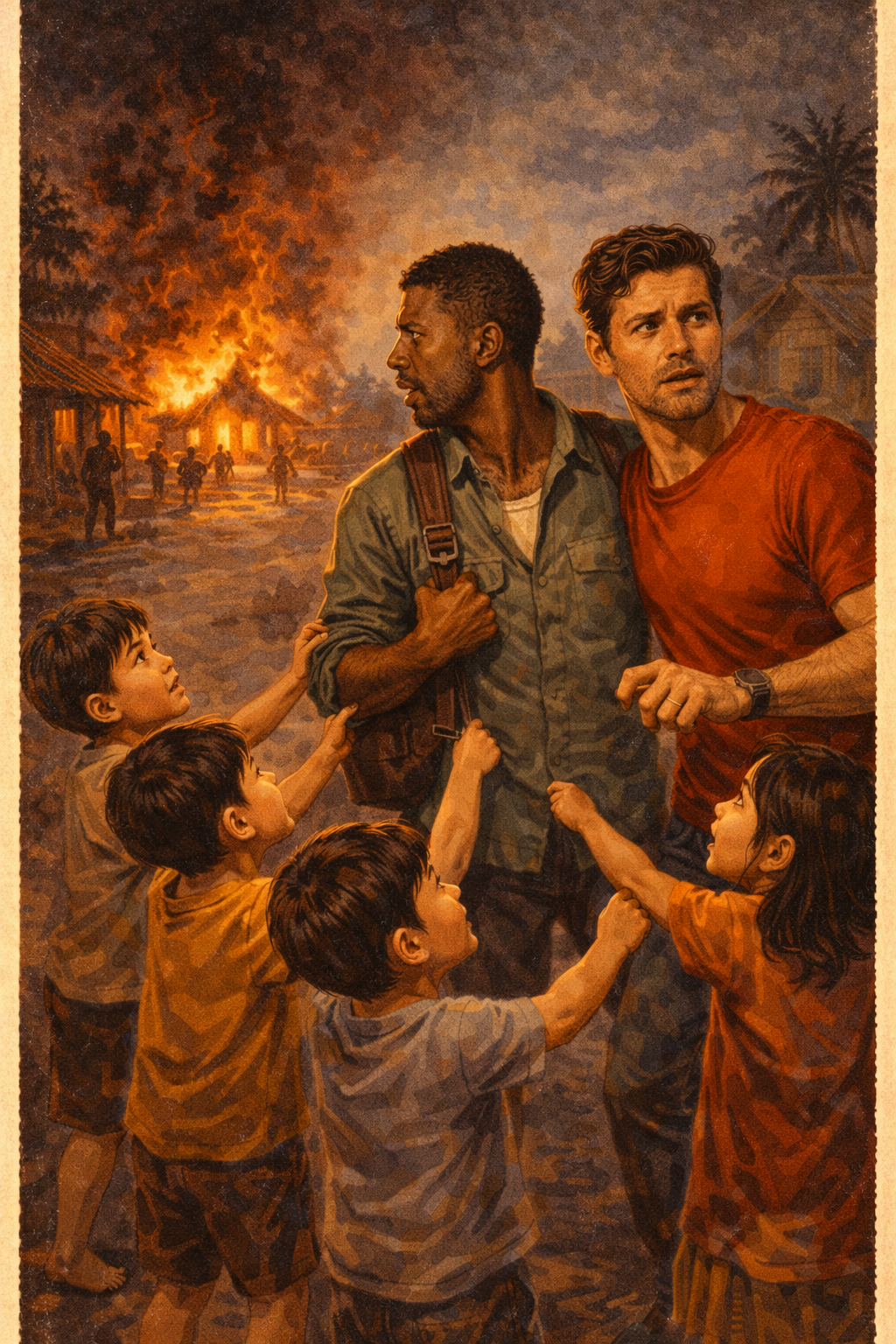 Thai children tug at a gay couple, trying to alert them to a fire in their village