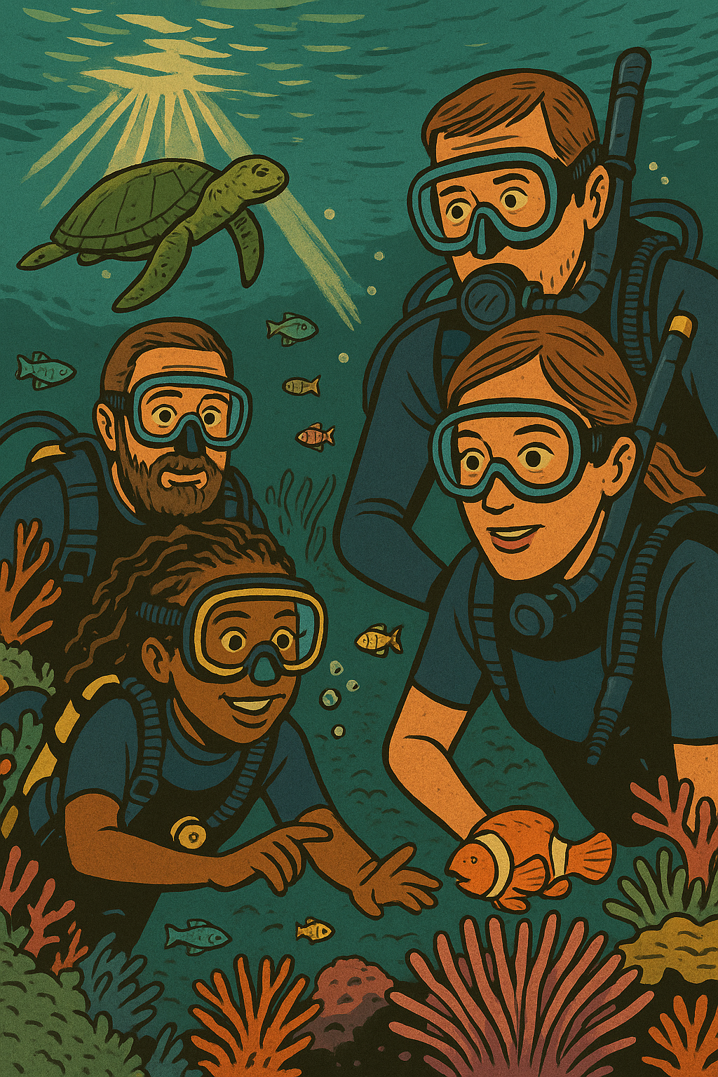 A family scuba dives at Padang Bai (Blue Lagoon) in Bali, looking at a clownfish while a turtle swims above