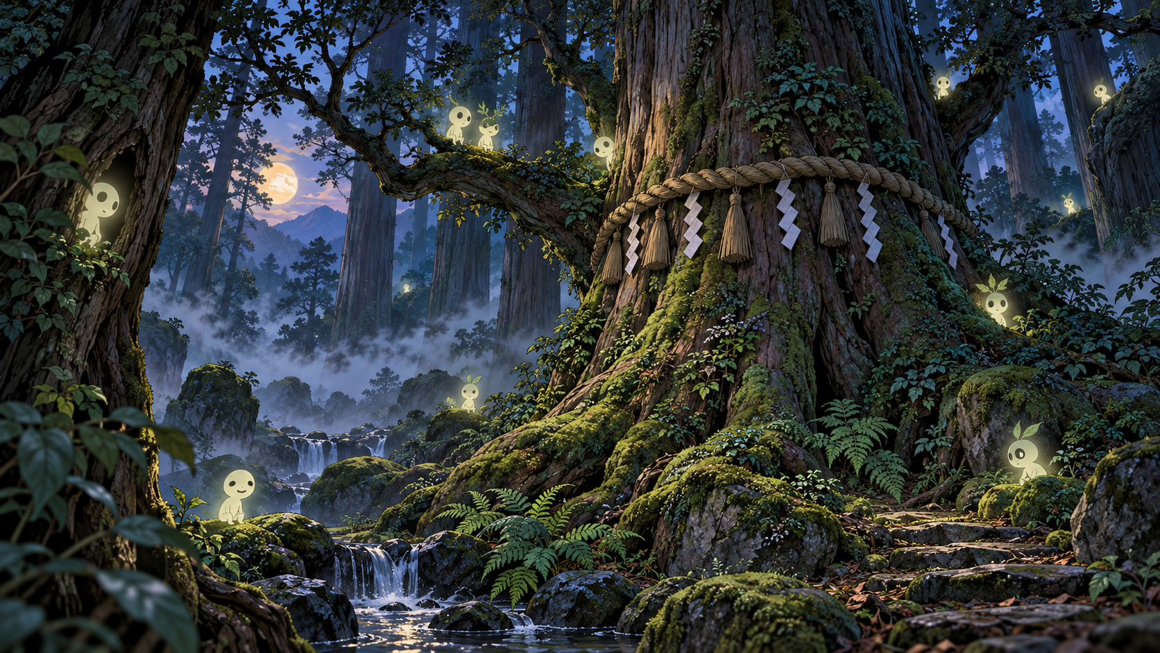 Cute little white glowing kodama hide around a massive ancient cedar tree