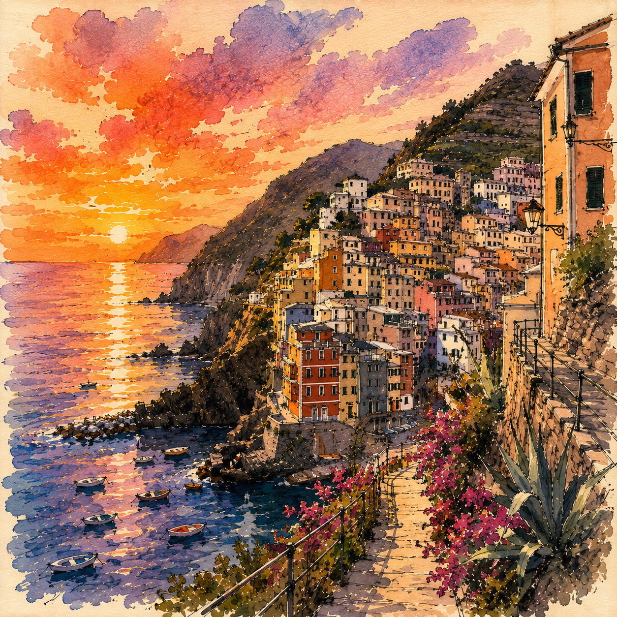 The sun sets over the coastline of Cinque Terre, with its colorful buildings on the steep coastline