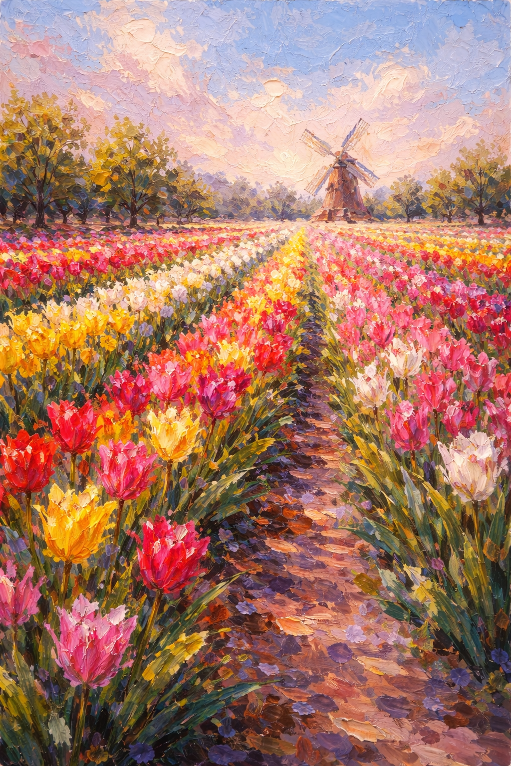 Rows of red, white and yellow tulips by a windmill in the Netherlands