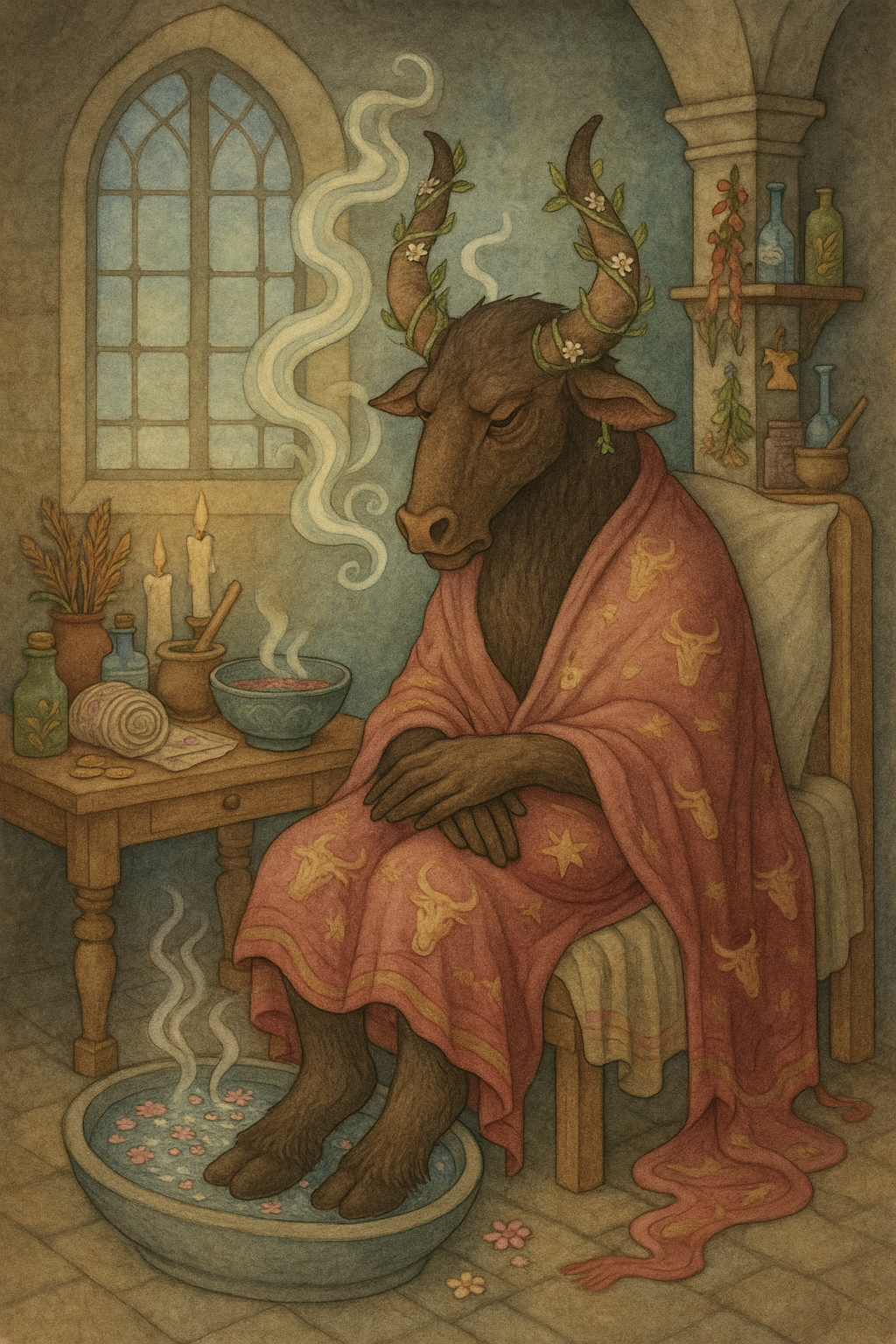 A sick minotaur with flowers wrapped around his horns  in a blanket with bull heads, sits by a table with a steaming bowl, candles and potions, its hooves in a floral footbath