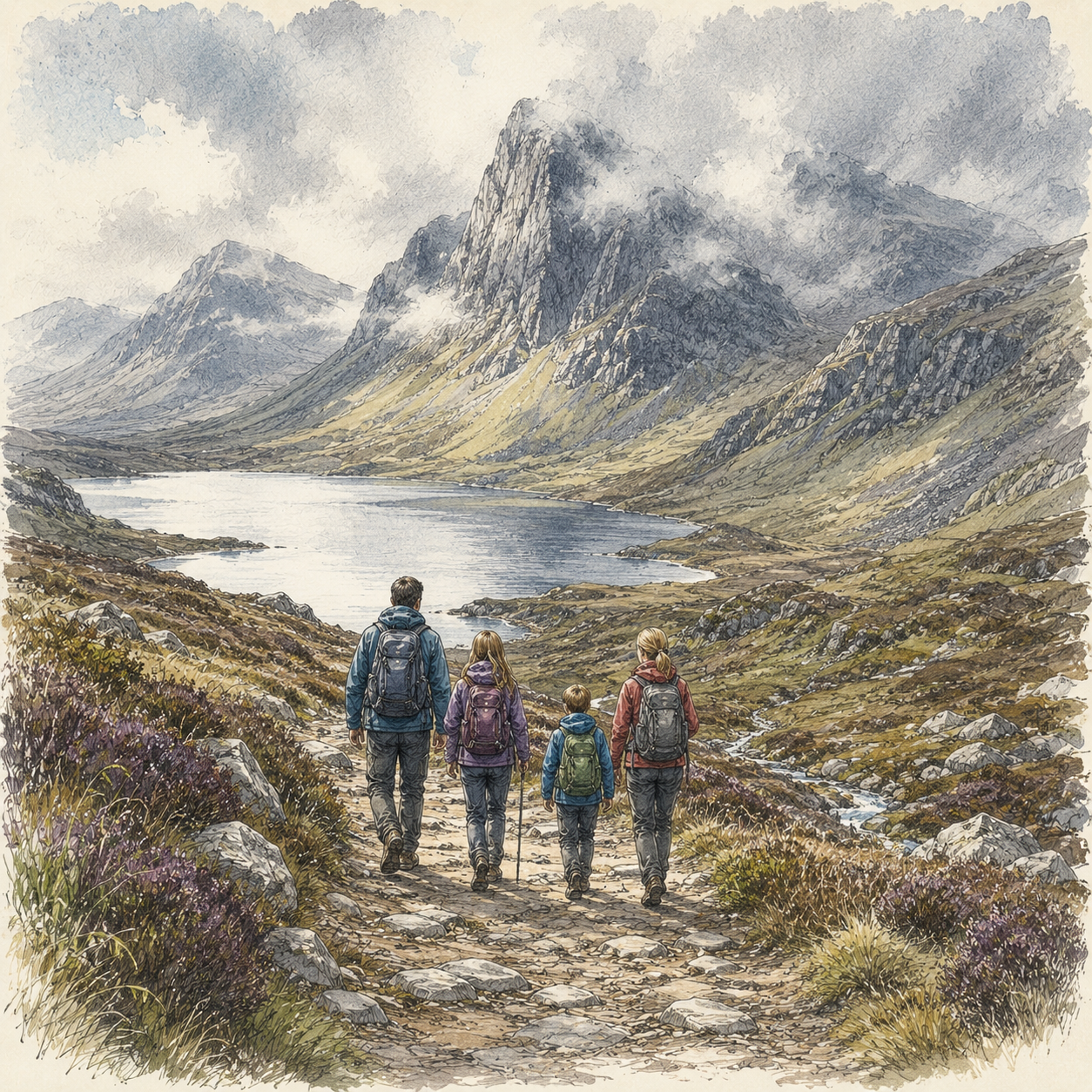 A family goes on a walking tour by misty mountains on West Highland Way in Scotland