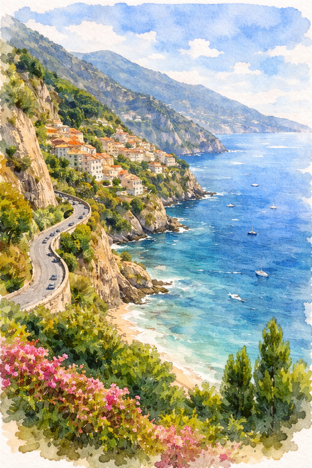 A road winds through the hills with buildings perched upon it overlooking the sea with boats along the Amalfi Coast