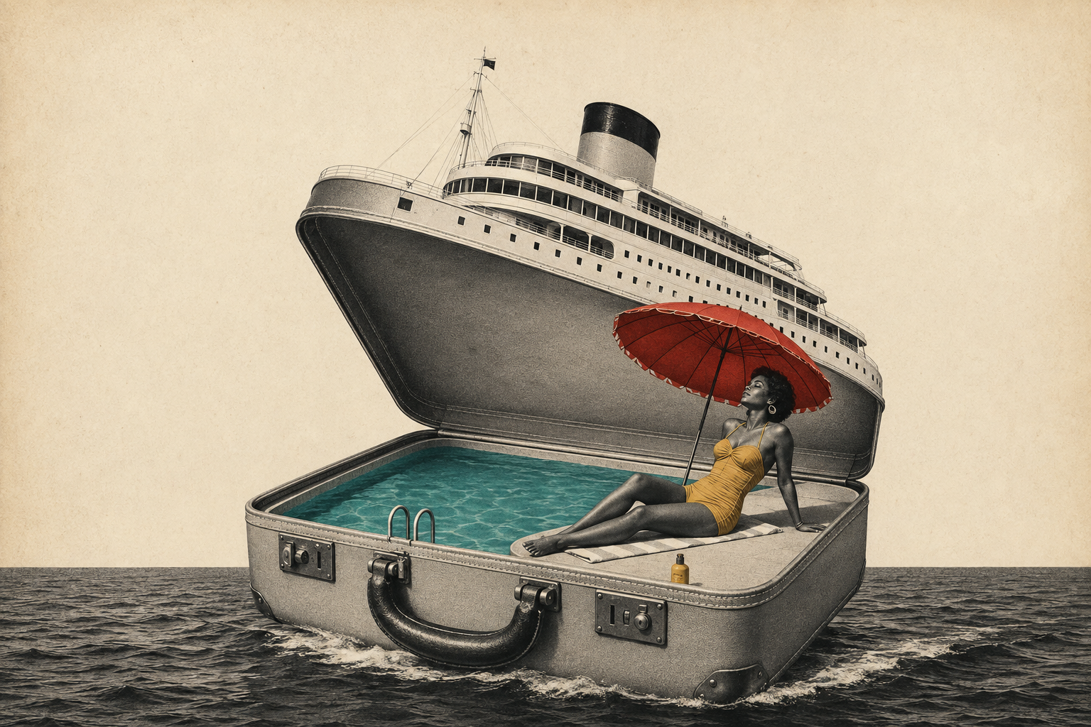 Collage of a suitcase, cruise ship, pool and woman lying out under a parasol