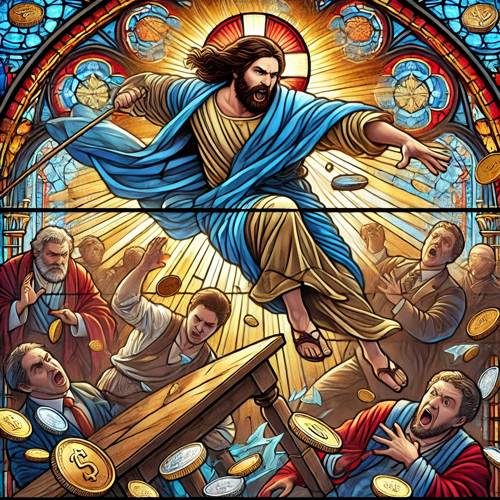 Stained glass style illustration of Jesus jumping through the air after having thrown over the money lenders' table in the Temple