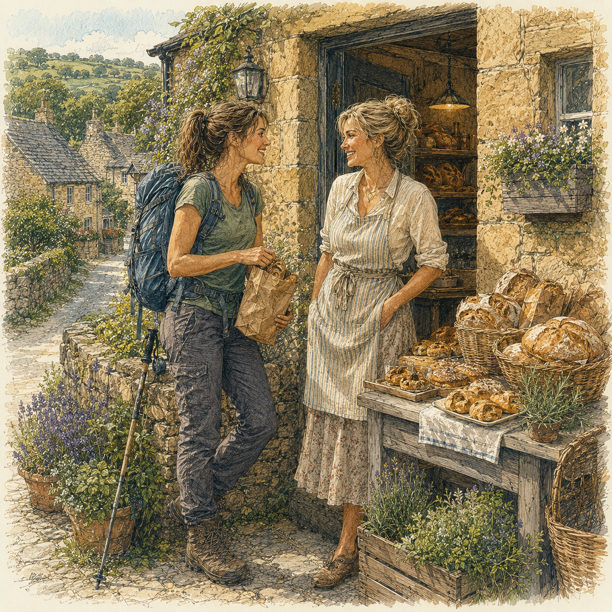 A hiker holds a bag and talks to a baker in the doorway of her bakery with baked goods on a table out front in a UK village