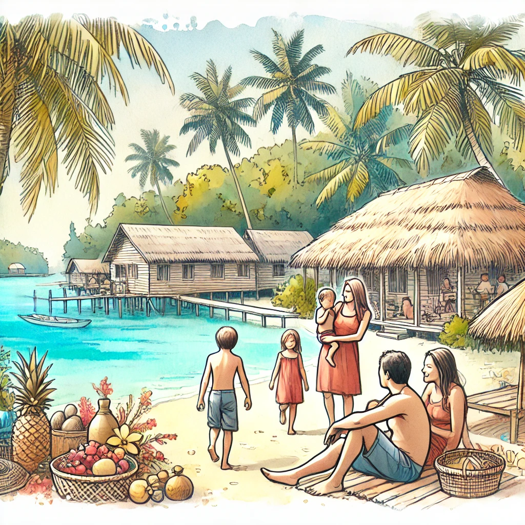 A foreign family sits on the beach by their straw-roofed house on the water in Nauru