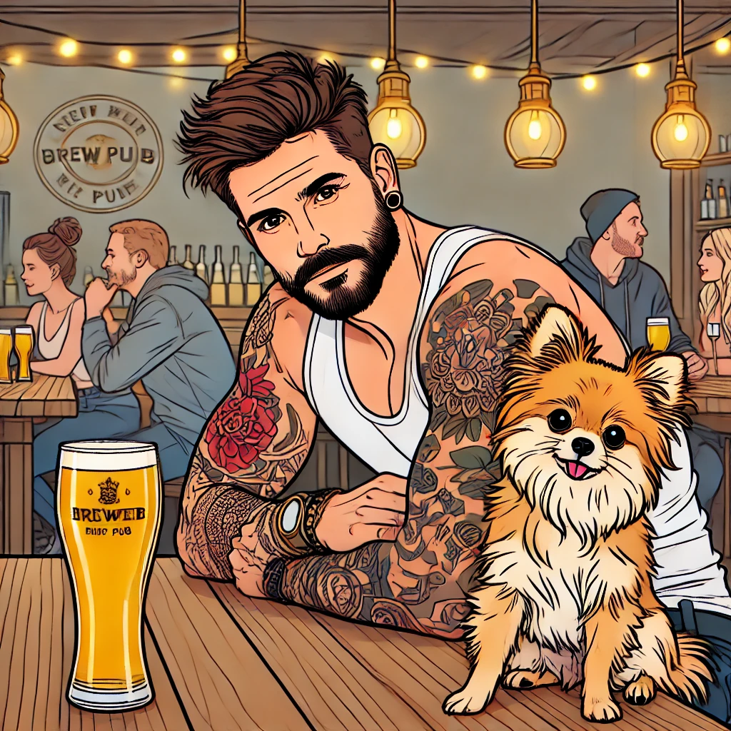A man with beard and tattoo sleeves drinks a beer at a brew pub, his pomeranian on the table with him