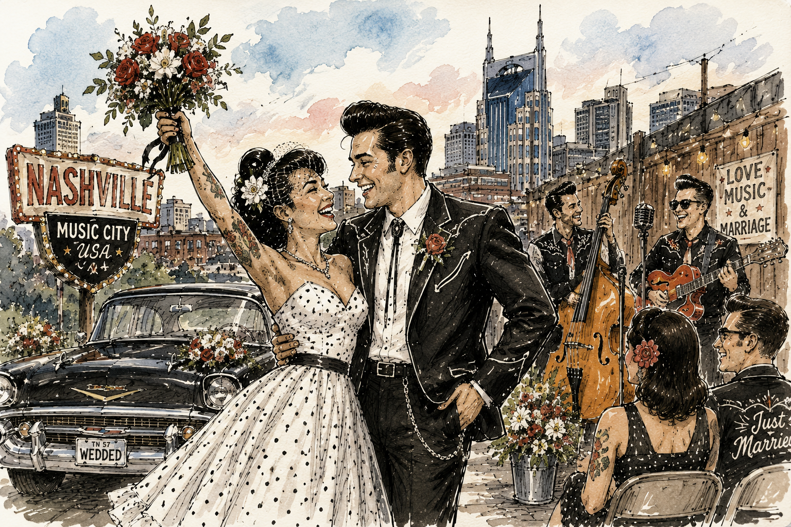 A rockabilly couple get married in Nashville, Tennessee, by a black classic bar, a sign and downtown buildings, as a band plays