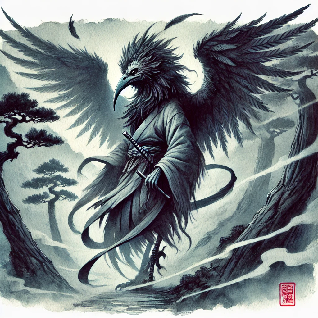 The tengu, a bird spirit dressed like a samurai by bonsai trees in the mist