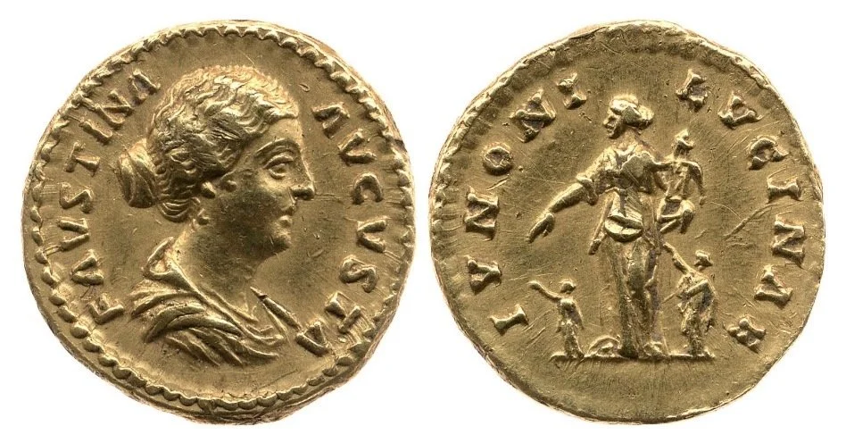 Golden ancient Roman coin with Faustina the Younger and Juno Lucina, goddess of childbirth
