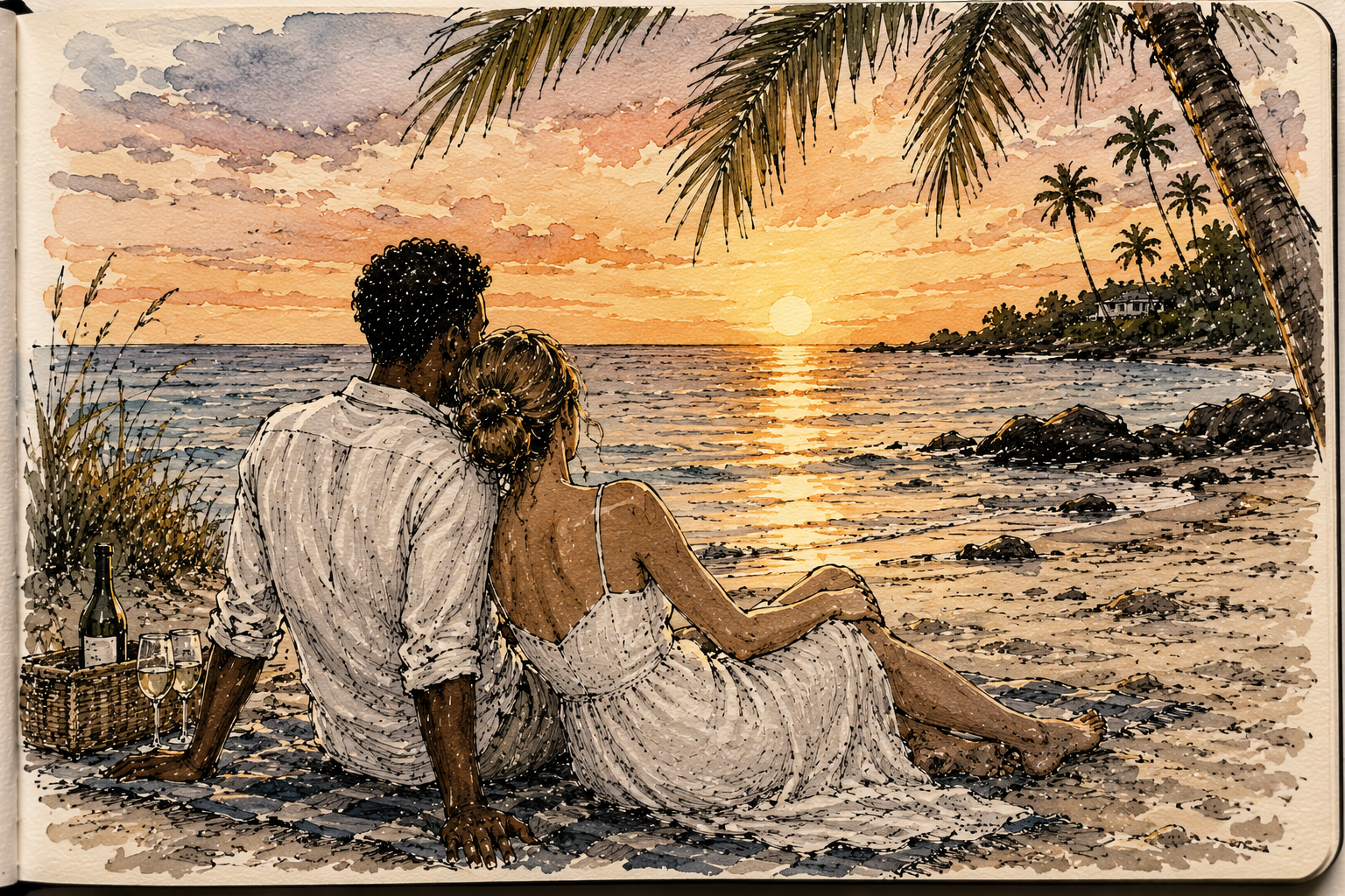 A couple on their wedding night sit on a blanket on the beach, watching the sun set and drinking wine