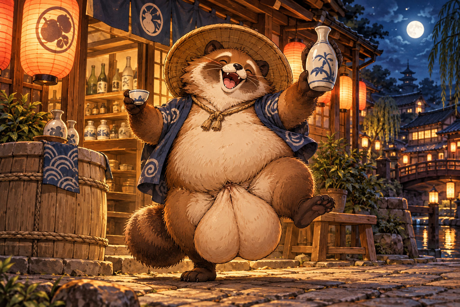A racoonlike tanuki  with enormous testicles dances and holds up some sake