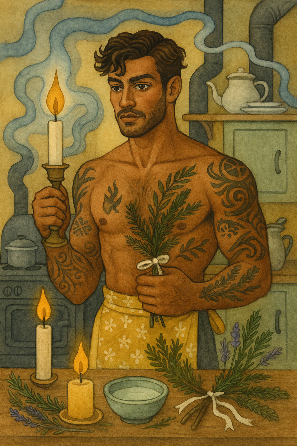 A shirtless tattooed man holds a candle and bunch of herbs, wearing an apron in his kitchen