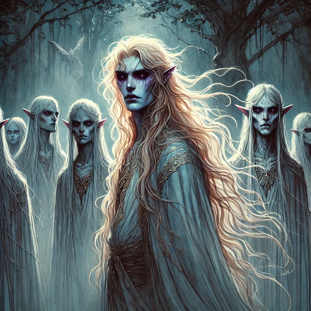 A group of Álfar, tall, thin elves with long light hair and pointed ears
