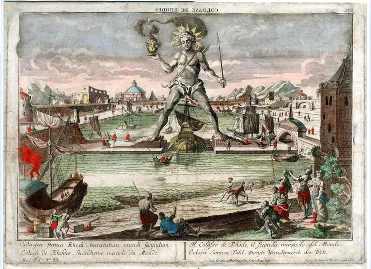 The Colossus of Rhodes, a Wonder of the Ancient World, seen straddling the harbor