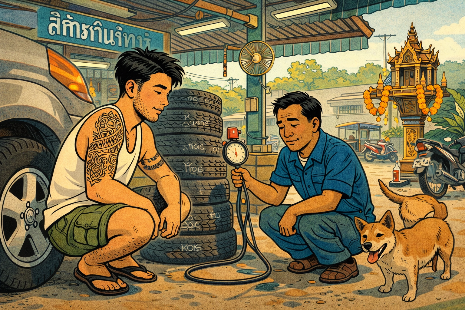A young man with tattoos squats down by a mechanic in Thailand, inspecting tire pressure, with dogs and a spirit house nearby