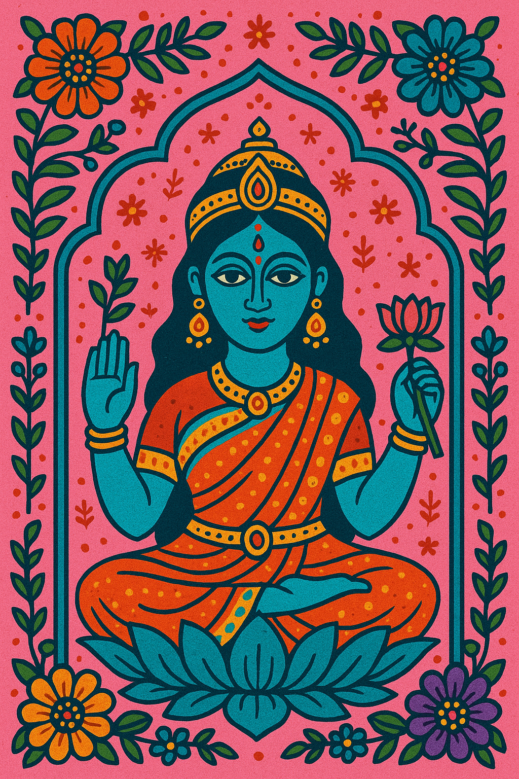 The Hindu heroine Sita sits on a lotus and holds a flower