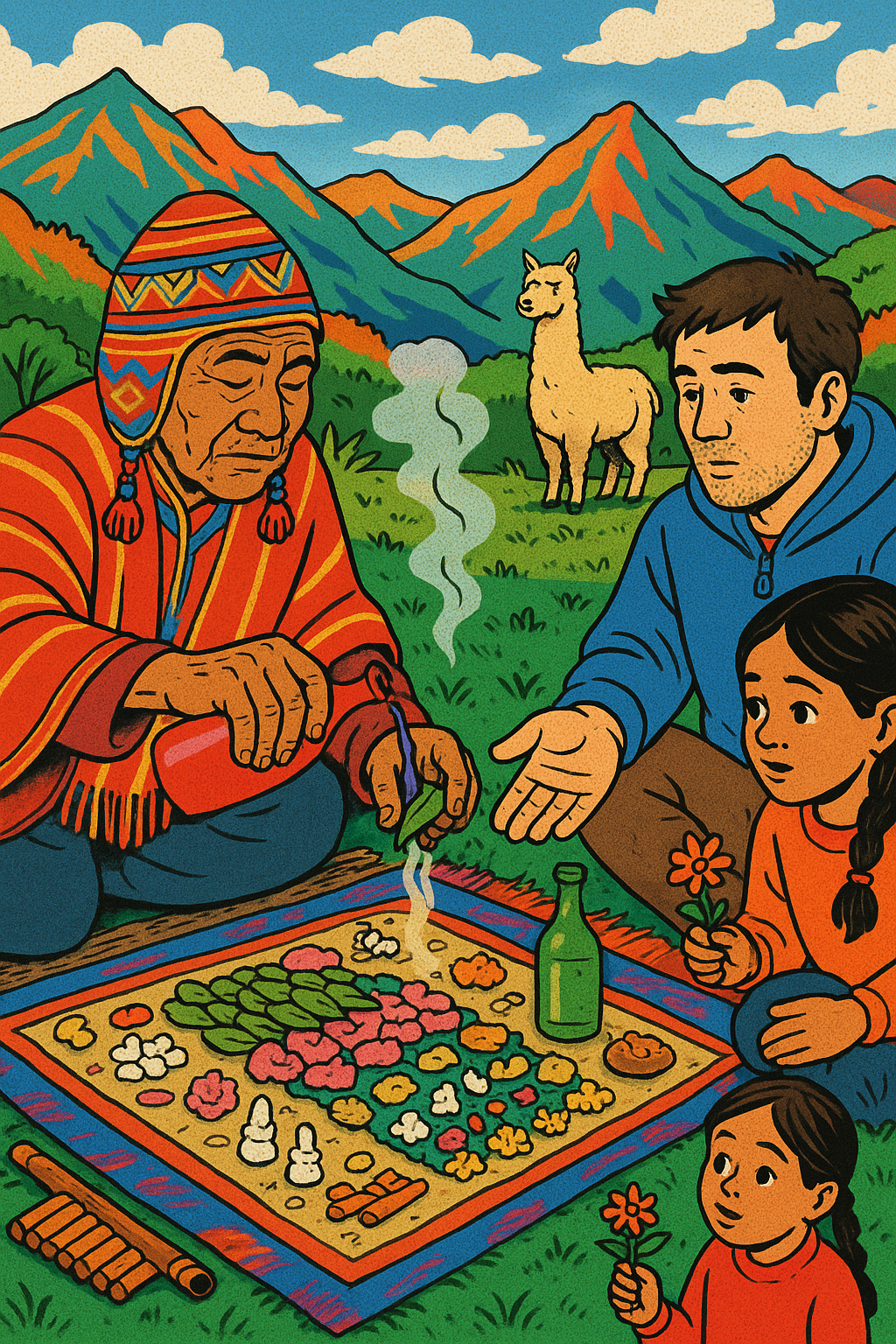 An older Andean man puts some chicha out for Pachamama, the earth goddess, over a spread of nibblies, while girls and a male traveler watch