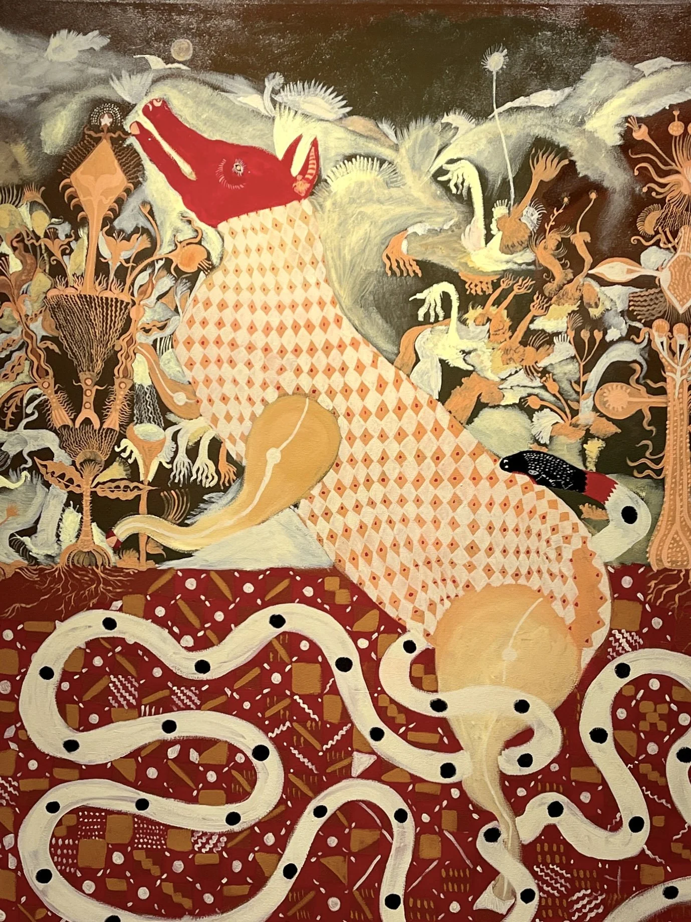 Neblina by Erik García Gómez, a painting with a red, white and orange pig-dog creature and white snakes with black dots