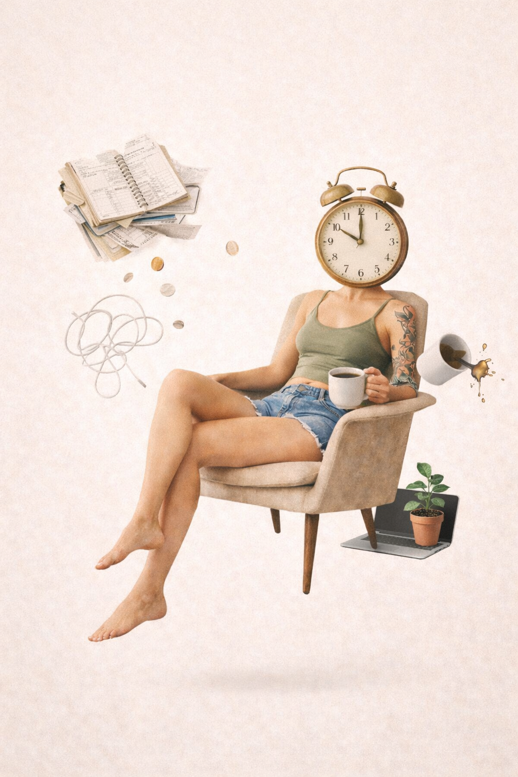 A collage of a woman in a chair with an alarm clock for a head, drinking coffee, with another one spilling, with a laptop, plant, cord, coins and documents