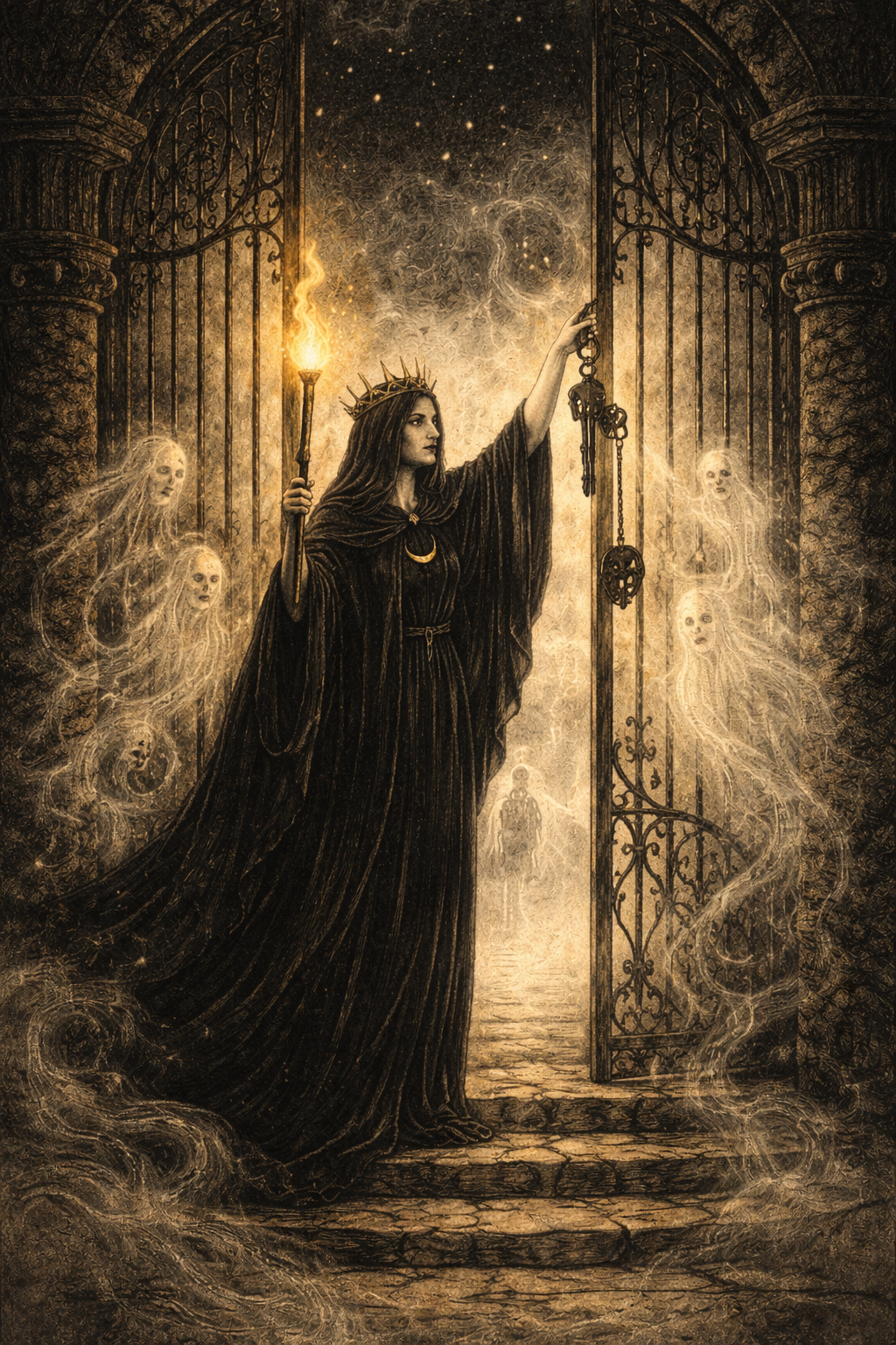The goddess Hecate, holding a torch,  unlocking the gates to Hades, spirits floating around her