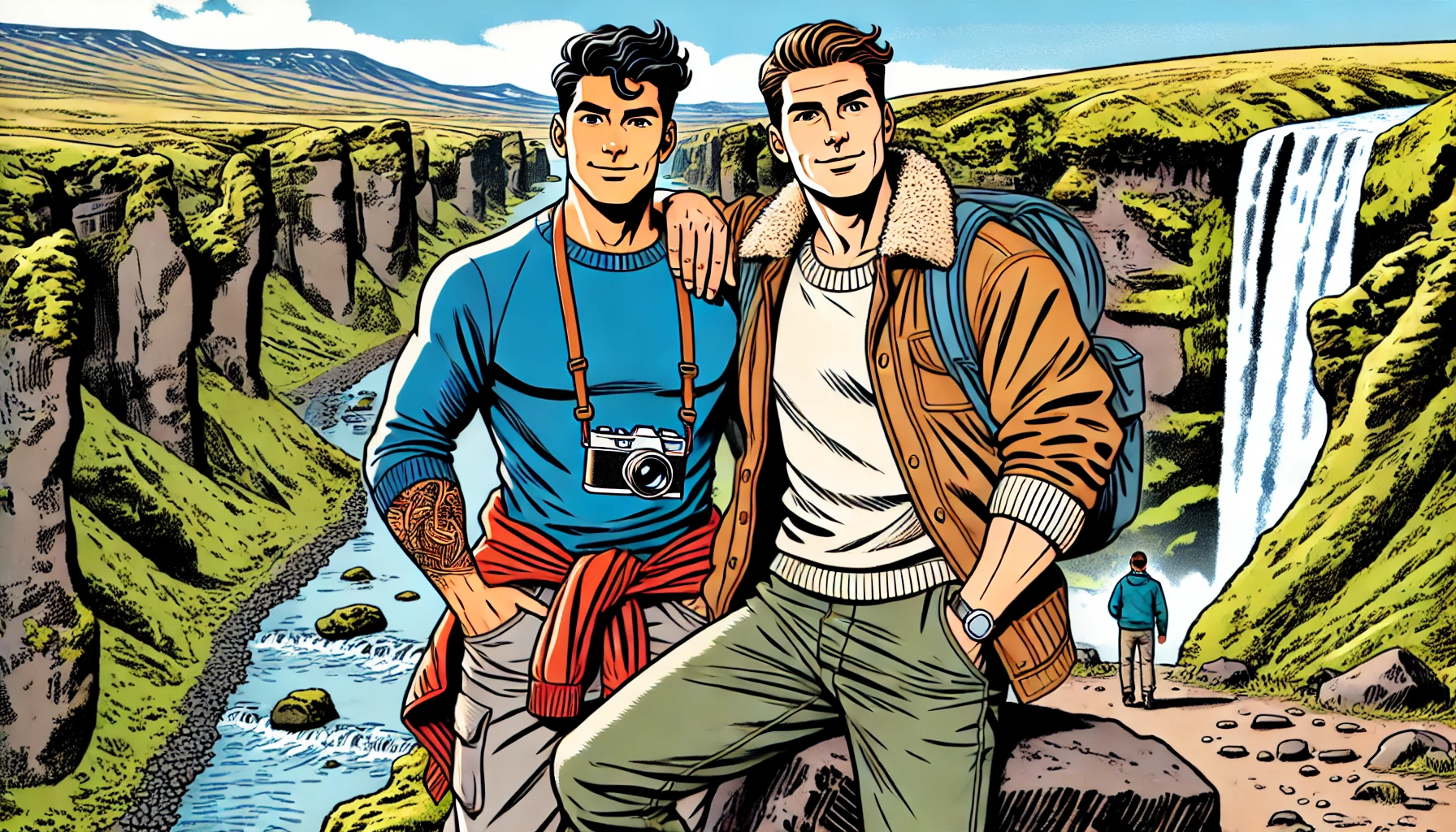 A handsome gay couple stands in front of Fjaðrárgljúfur Canyon, ready for a hike