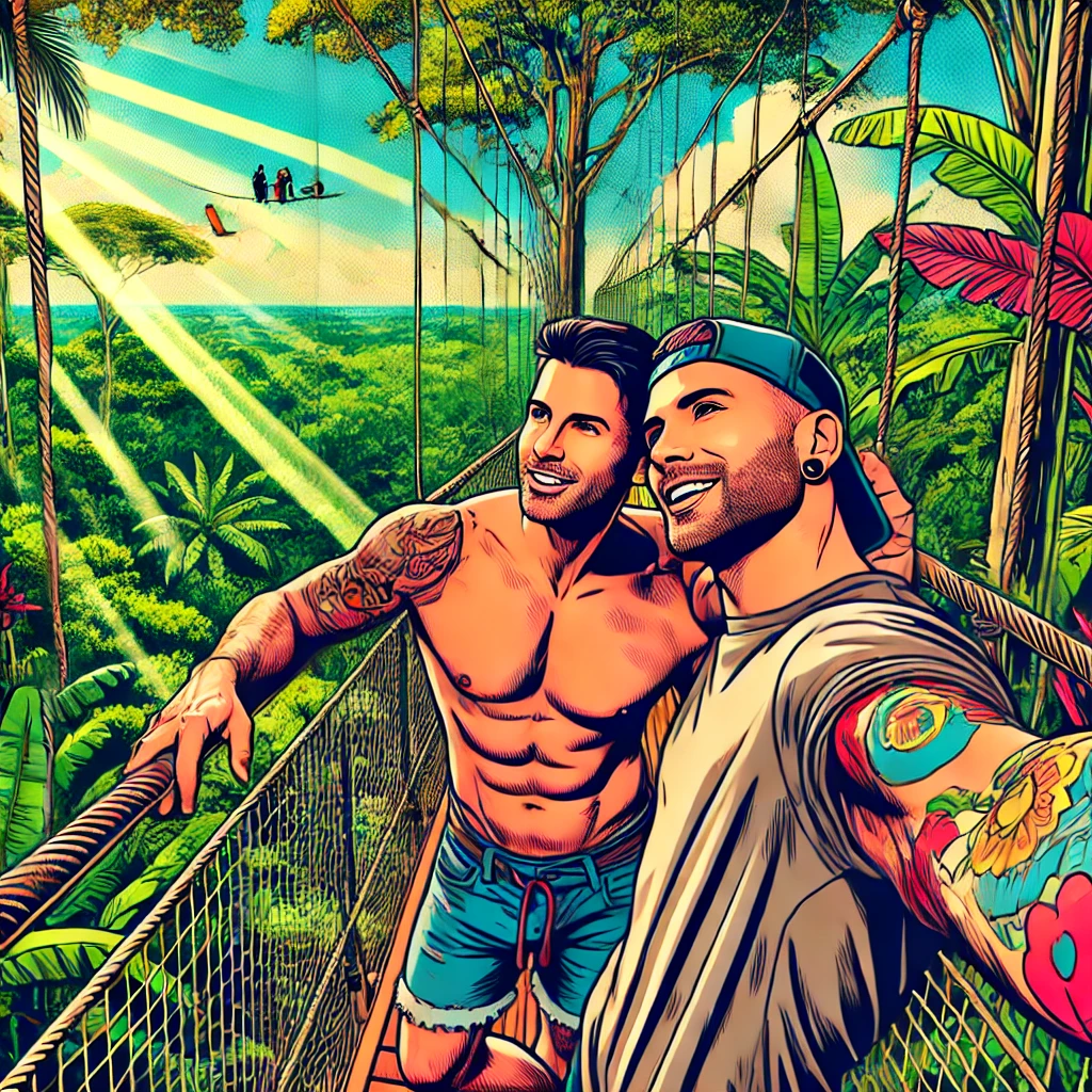Two handsome tattooed men take a selfie on a canopy bridge in the Amazon