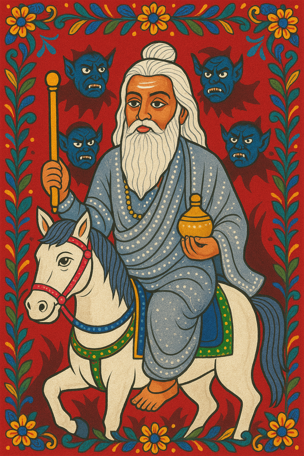 The Hindu god Shukra rises a white horse, holds a staff and caries a jar while demon heads surround him