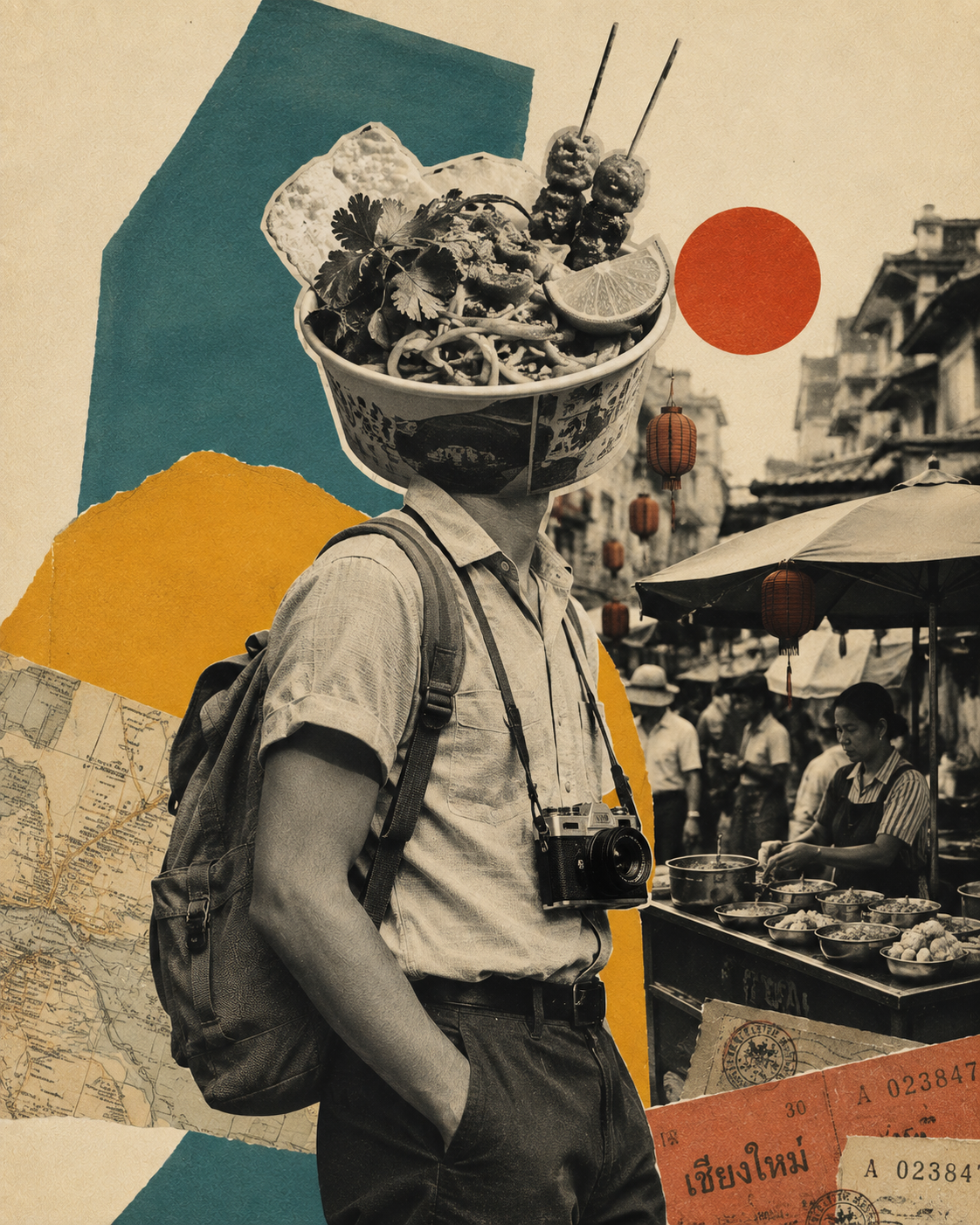 Collage of man with bowl of street food as his hair, by a map, tickets and Asian food market