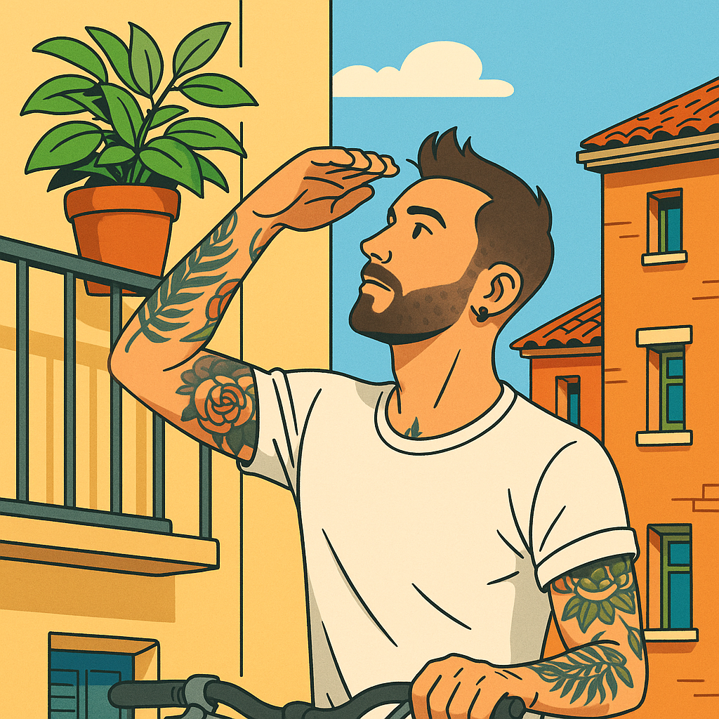 A tattooed man raises his hand to shield his eyes to look up at a balcony while stopping on a bike ride