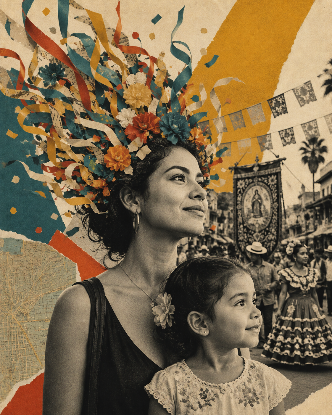 A collage of a woman with flowers, confetti and streamers as her hair with a girl at a Latino festival of the Virgin Mary