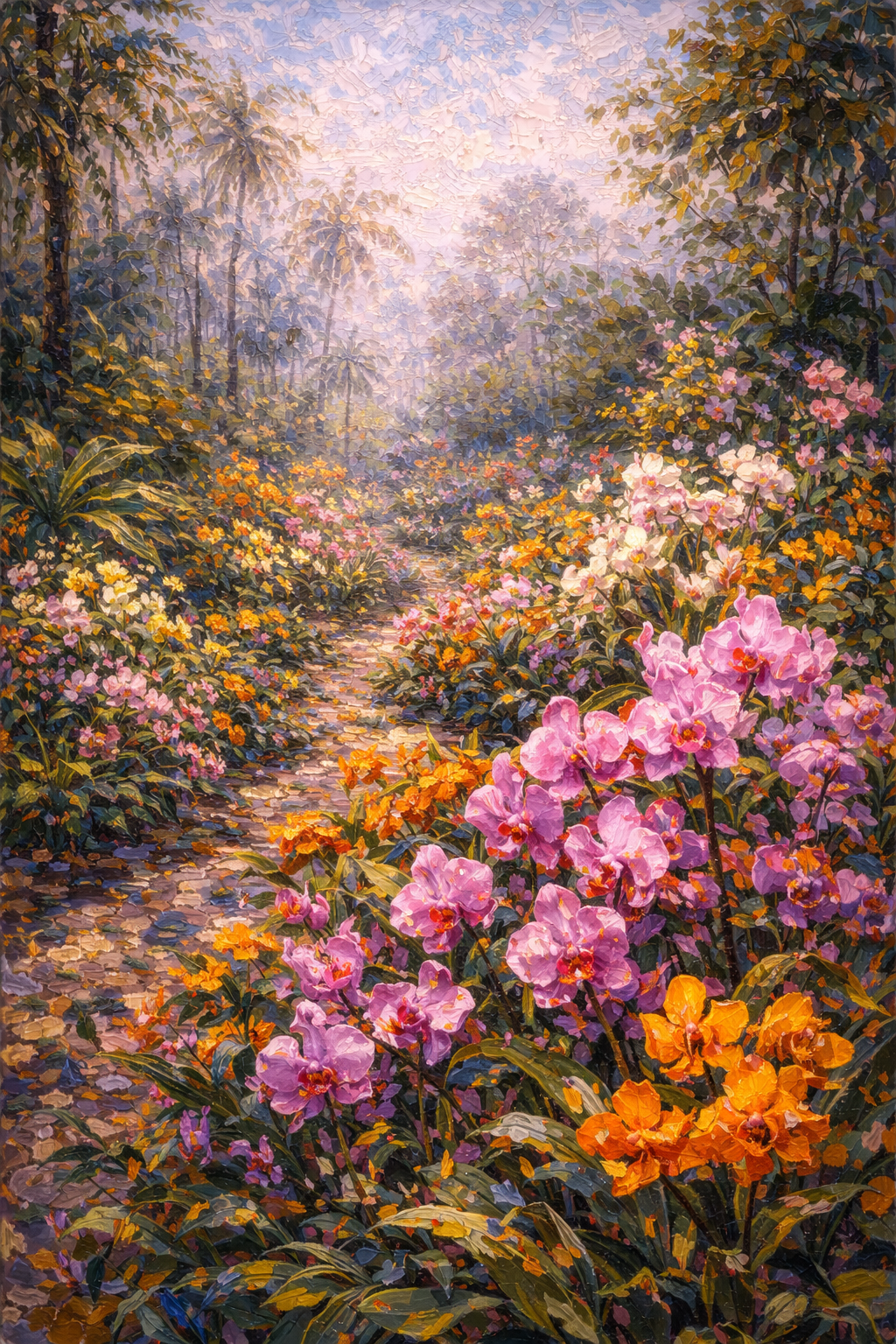 Colorful orchids grow along a path among palm trees in Singapore