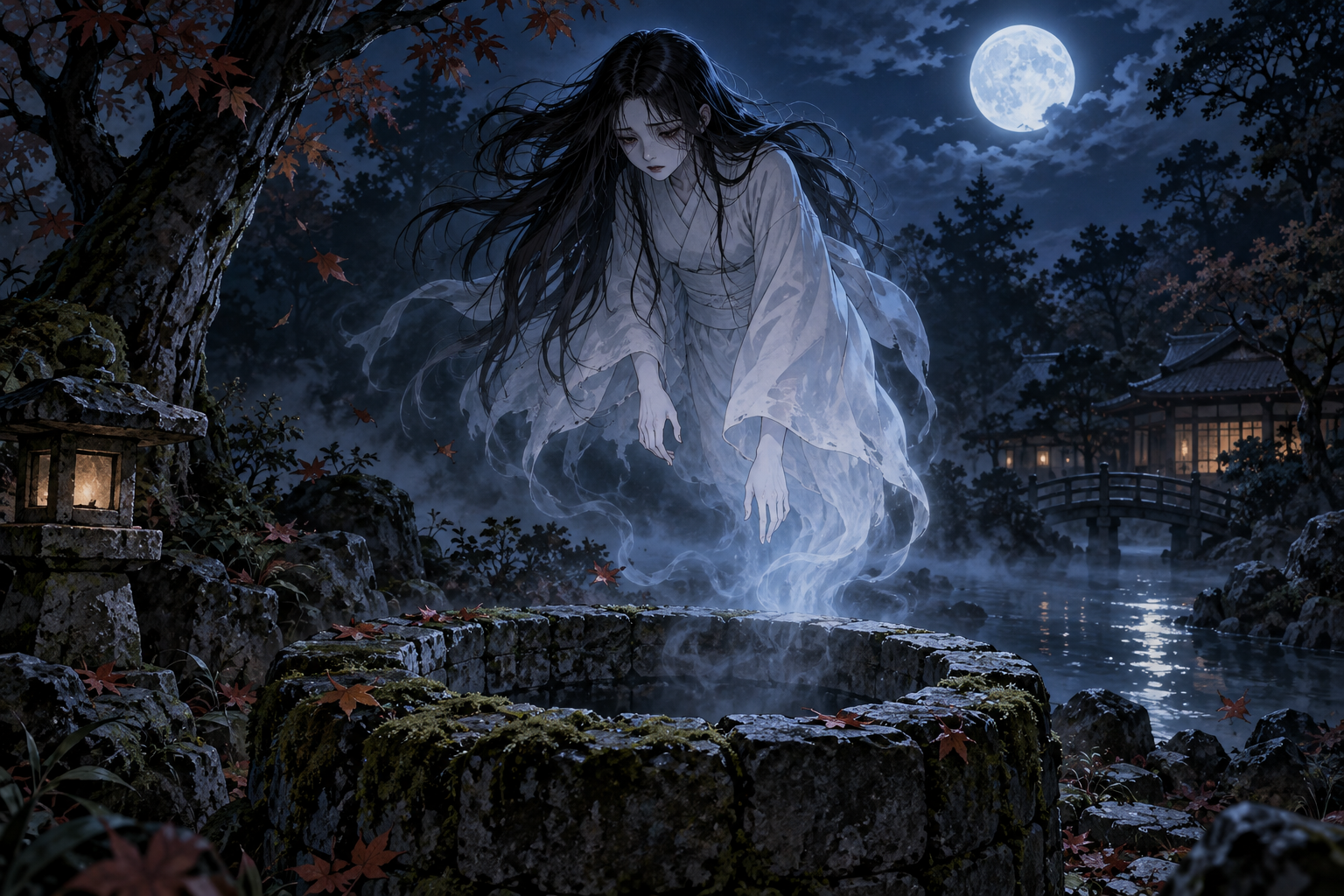 A ghostly yūrei girl floats above a stone well at night