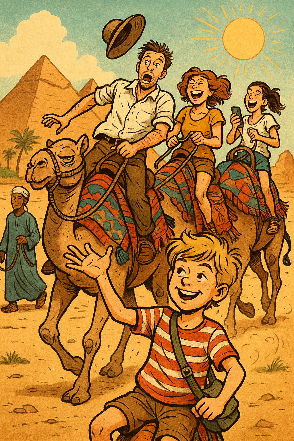 Family rides camels by the Pyramids of Giza, the father's hat flying off