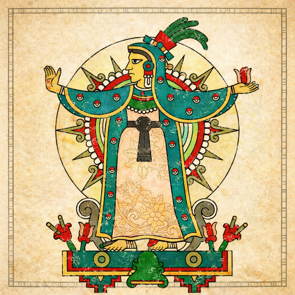 The Aztec Earth goddess, Tonantzin, with arms outstretched, wearing a cloak, showing her as a predecessor to the Virgin of Guadalupe