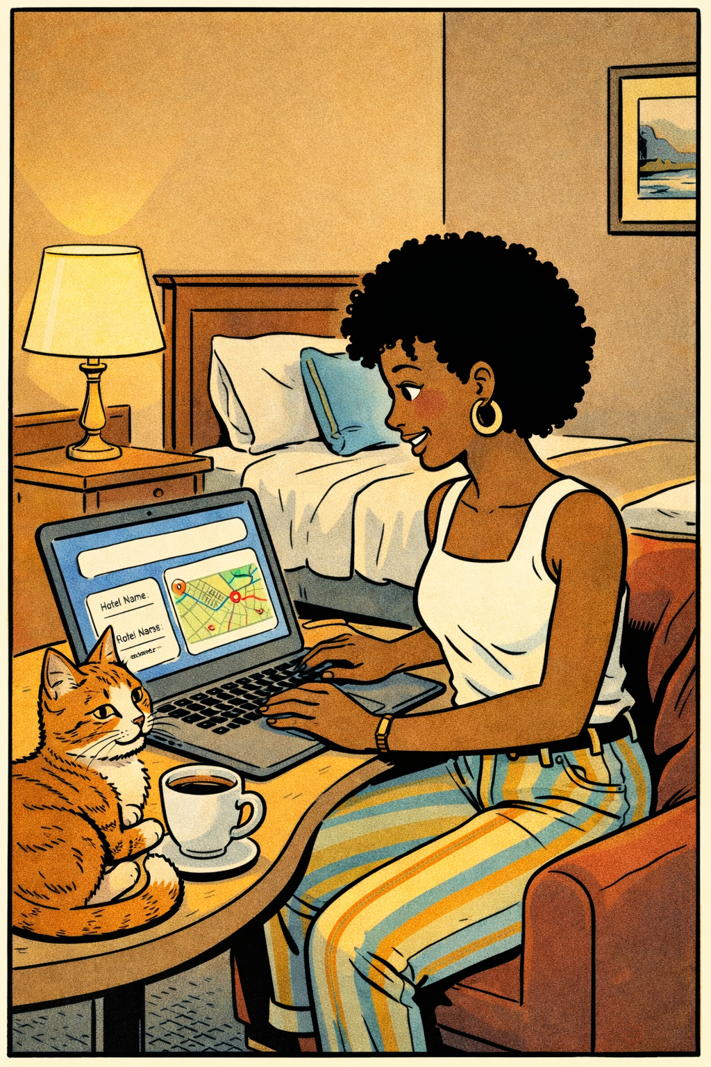 A young woman calls up her travel itinerary on her laptop by her bed, while her cat sits on the table by her coffee cup