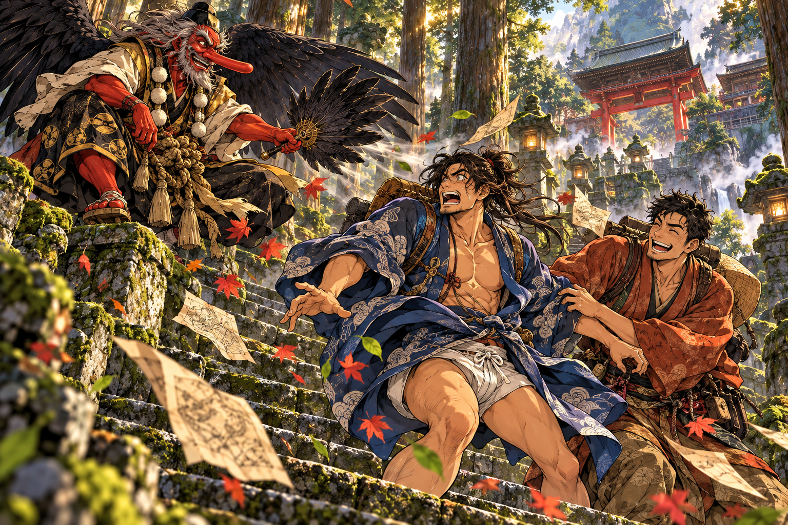 Two travelers at a mountain shrine are blown by the wings of a red-skinned, long-nosed tengu yokai