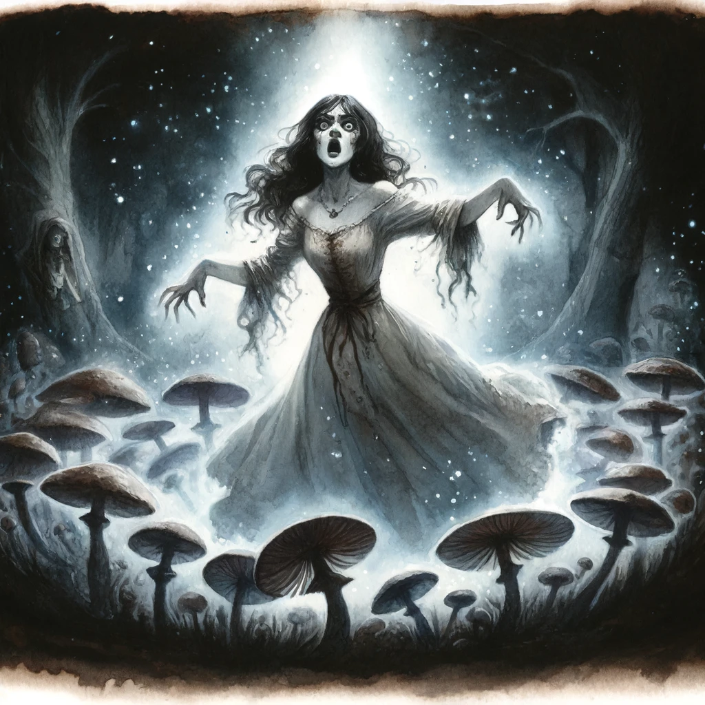 A horrified woman dances without stop in a fairy ring of mushrooms