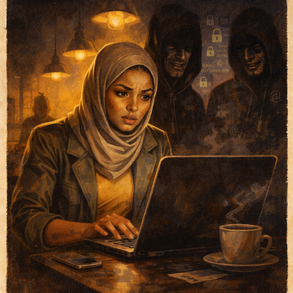 A woman in a headscarf uses her laptop at a coffeeshop, while scammers loom behind her