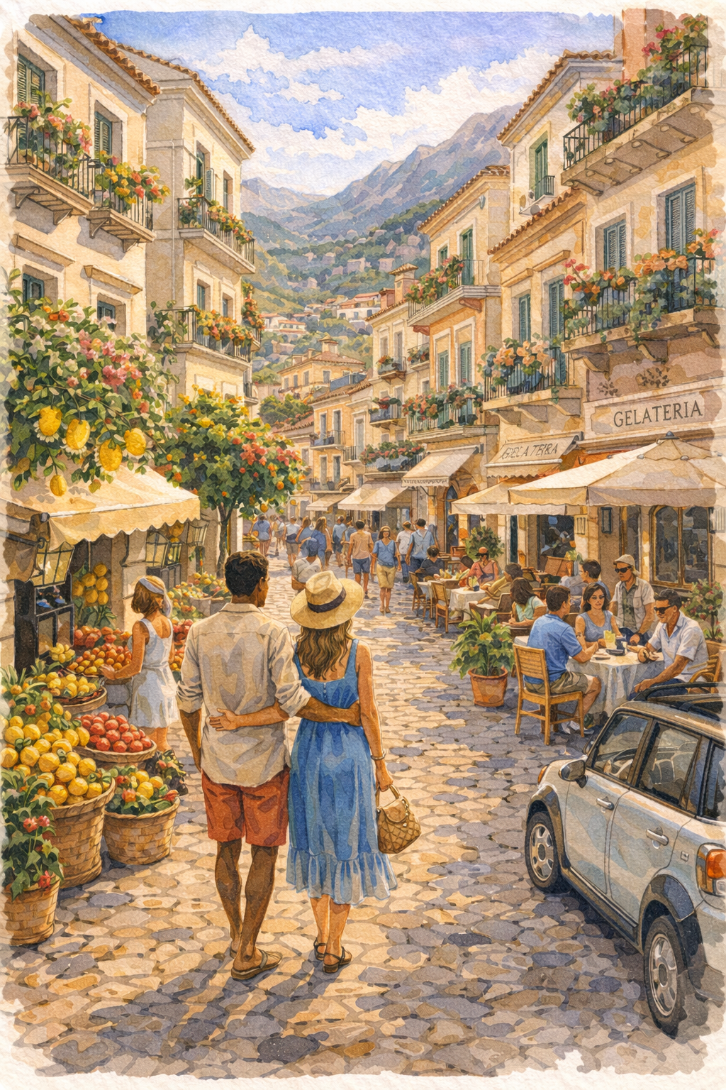 A couple walks through a small town in the Amalfi Coast with cafes and fruit markets