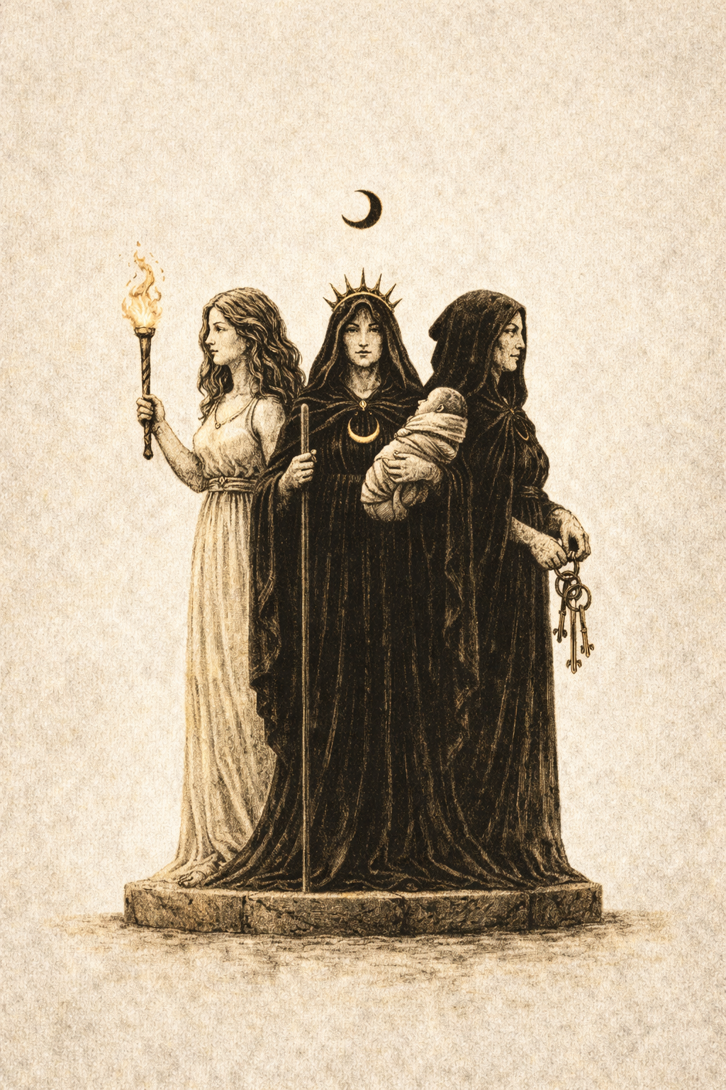 Hecate as the triple-form goddess: a maiden with a torch; a mother with staff and baby; and a crone holding a ring of keys