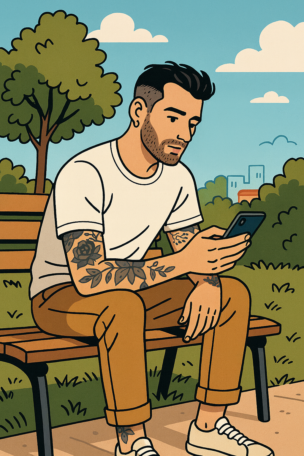 A man with tattoos on his arms sits on a park bench and looks down at his phone