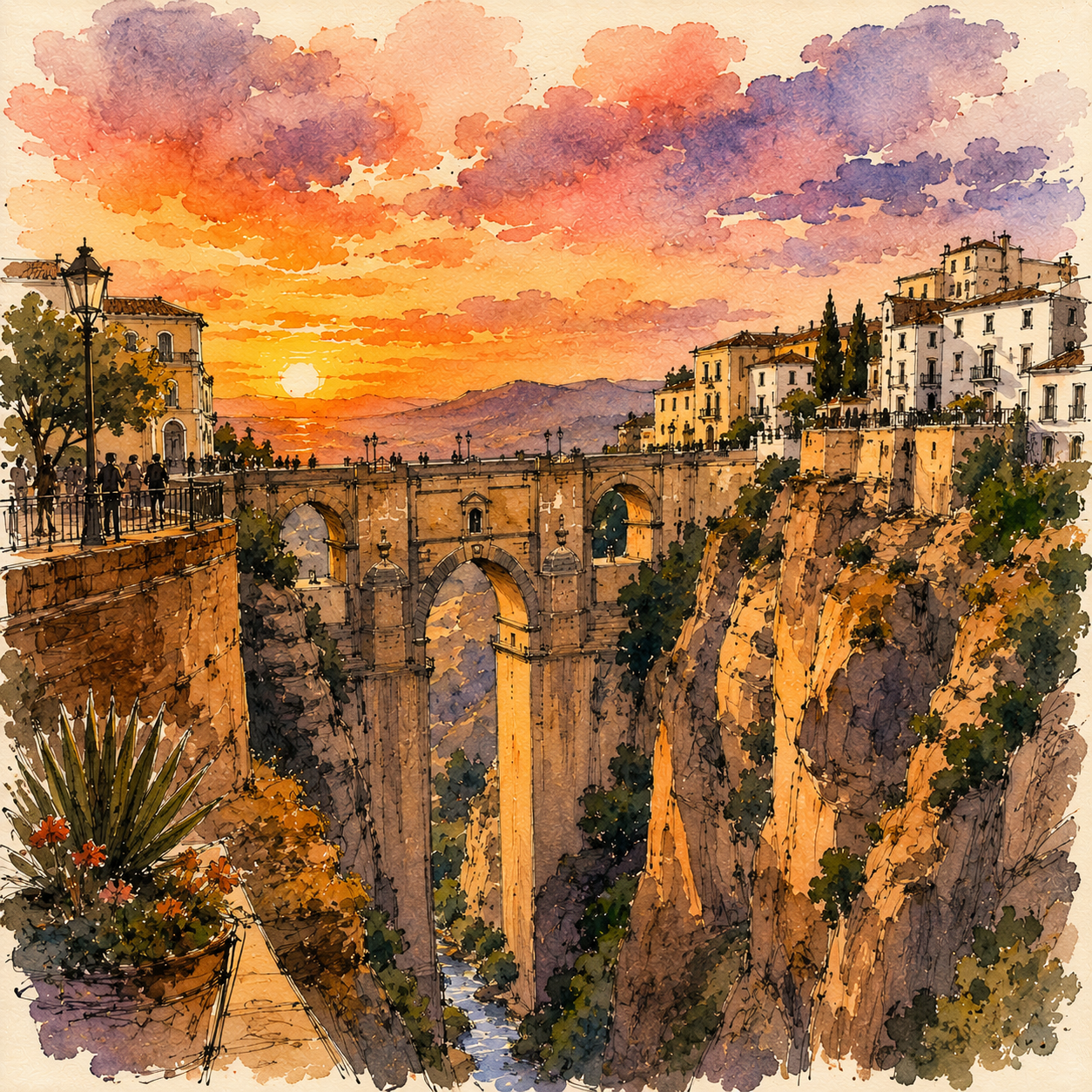 The sunset over the famous stone bridge over the chasm in Ronda, Spain