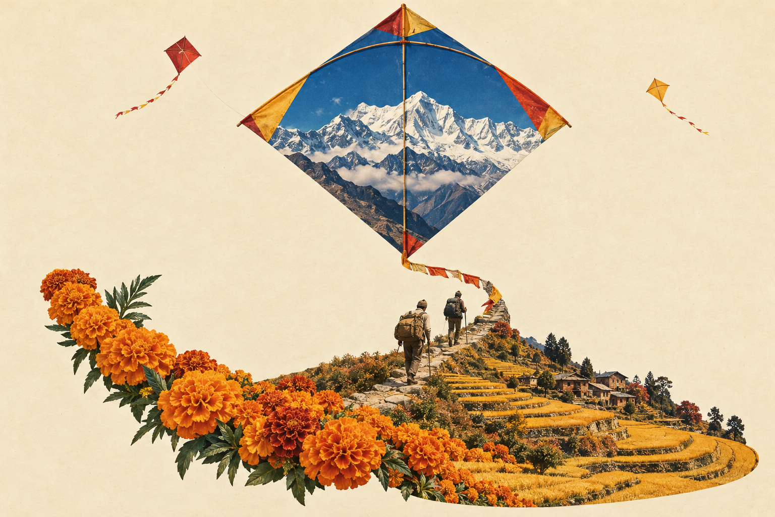 Collage of Nepal in autumn, with marigolds, trekkers, prayer flags forming the tail of a kite with mountains on it, flying above a terraced landscape