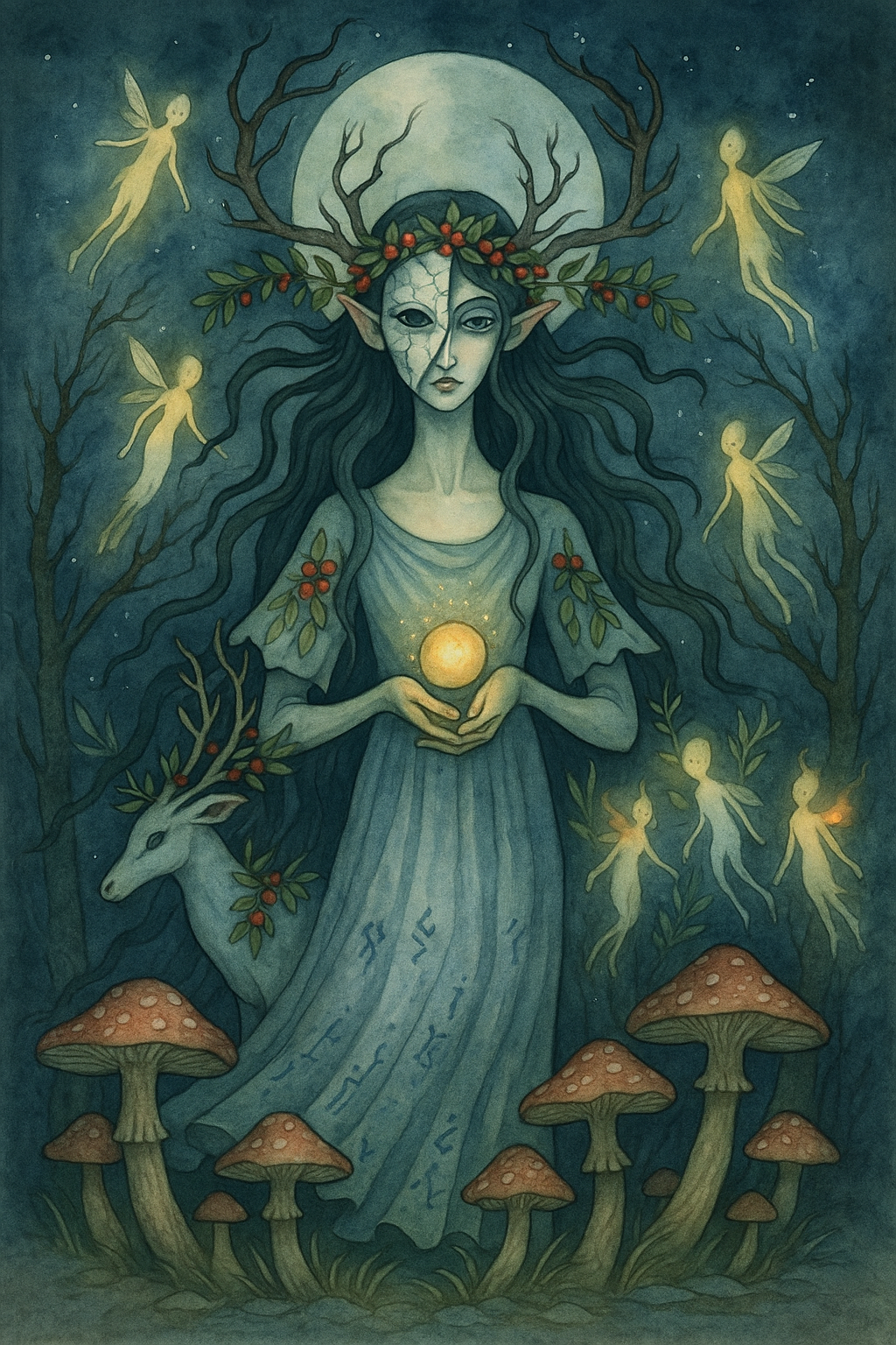 A Fae girl with antlers, a garland on her brow and a cracked mask covering part of her face, holds a hovering glowing ball, surrounded by leafless trees, small fairies, mushrooms and a white deer