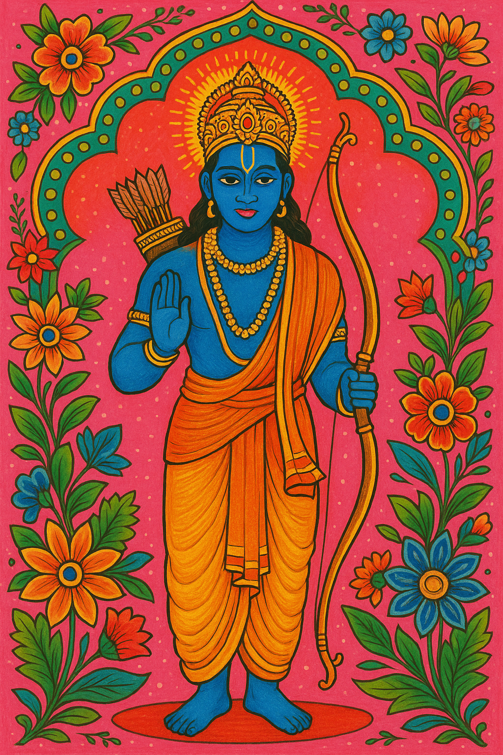 Blue-skinned Hindu hero Rama holds a bow with a quiver of arrows on his back, surrounded by flowers